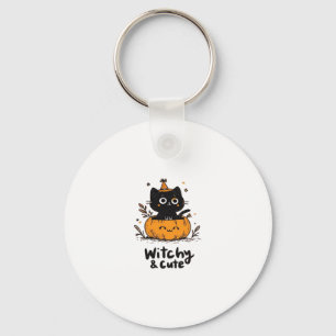 Black cat in pumpkin with witch hat, cute design C Key Ring