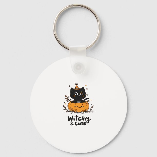Black cat in pumpkin with witch hat, cute design C Key Ring (Front)
