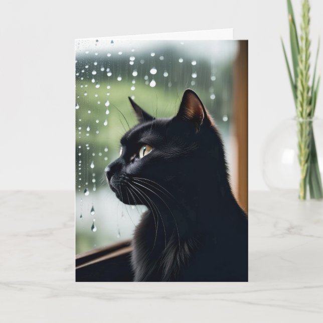 Black Cat In Rainy Window Card (Front)