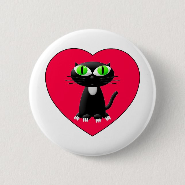 Black Cat In Red Heart 6 Cm Round Badge (Front)