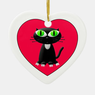 Black Cat In Red Heart Ceramic Tree Decoration