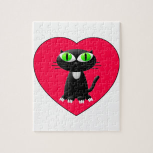 Black Cat In Red Heart Jigsaw Puzzle