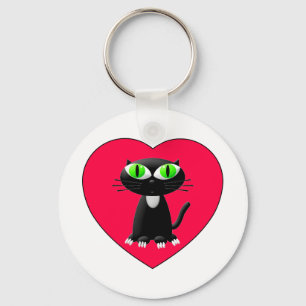 Black Cat In Red Heart Key Ring