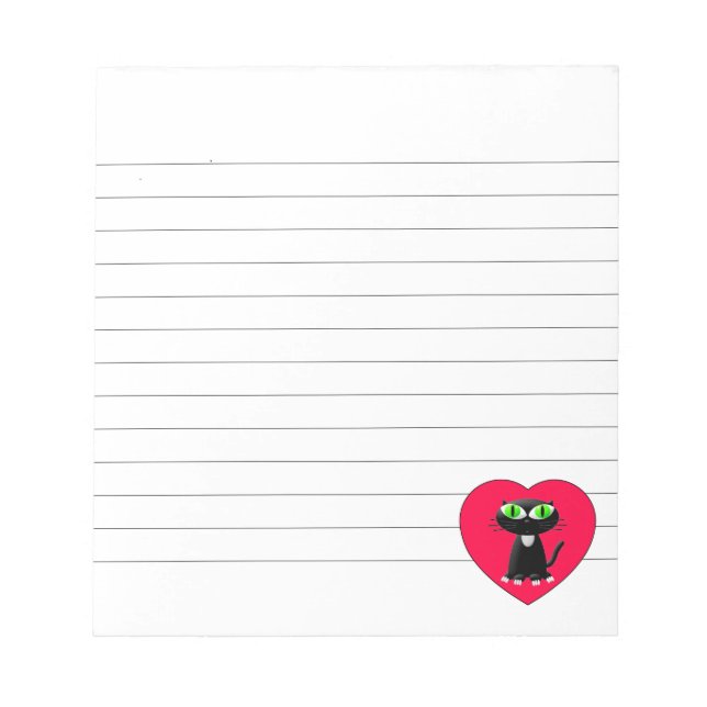 Black Cat In Red Heart Lined Notepad (Front)