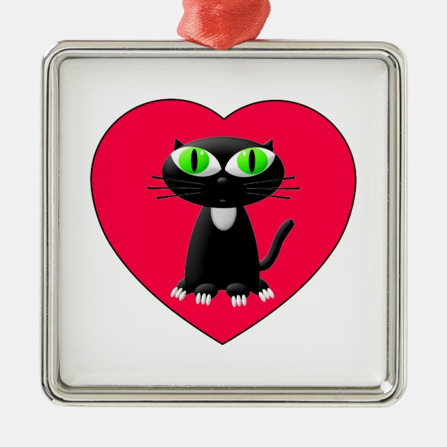 Black Cat In Red Heart Metal Ornament (Front)