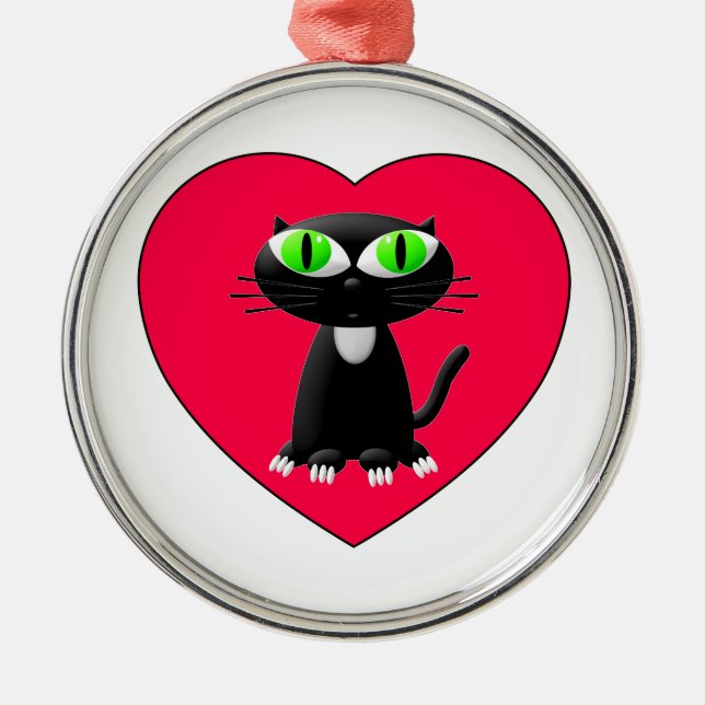 Black Cat In Red Heart Metal Ornament (Front)