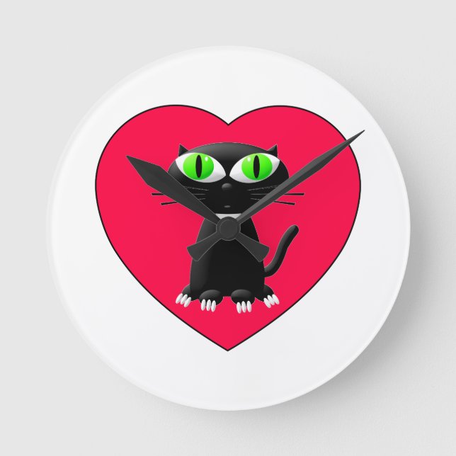 Black Cat In Red Heart Round Clock (Front)