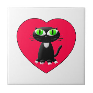 Black Cat In Red Heart Tile