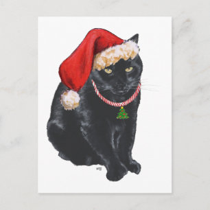 Black Cat in Santa Hat Holiday Postcard