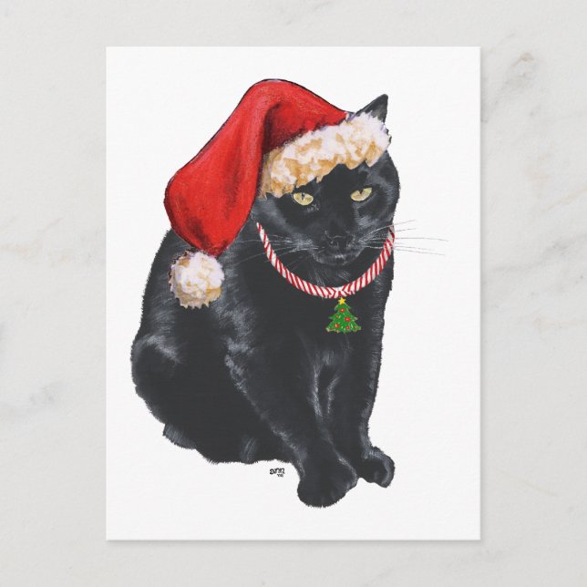 Black Cat in Santa Hat Holiday Postcard (Front)