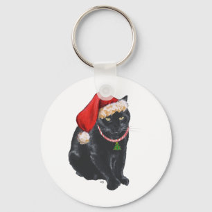 Black Cat in Santa Hat Key Ring