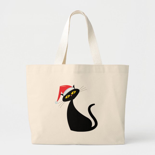 Black Cat in Santa Hat Large Tote Bag (Front)
