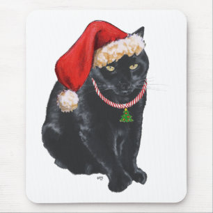 Black Cat in Santa Hat Mouse Pad