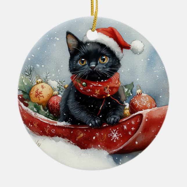 Black Cat in Sledge Let it Snow Christmas Ceramic Ornament (Front)