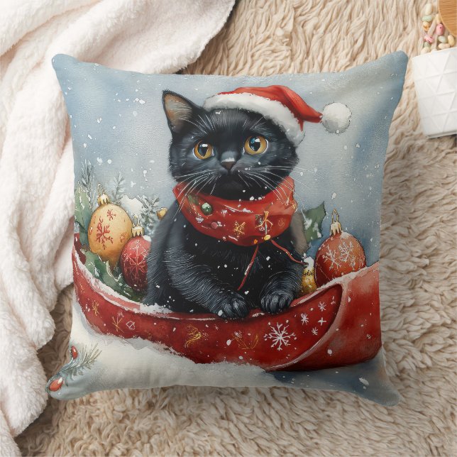 Black Cat in Sledge Let it Snow Christmas Cushion (Blanket)