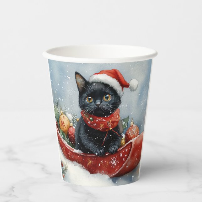 Black Cat in Sledge Let it Snow Christmas Paper Cups (Front)