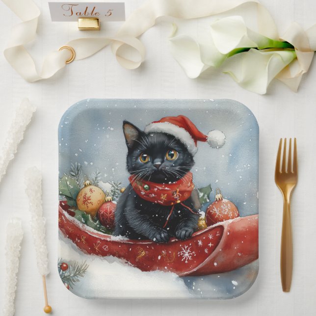 Black Cat in Sledge Let it Snow Christmas Paper Plate (Wedding)