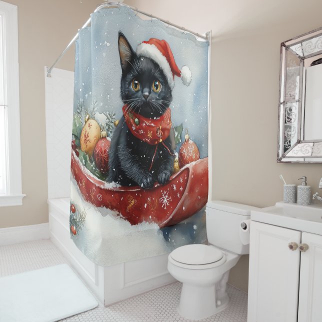 Black Cat in Sledge Let it Snow Christmas Shower Curtain (In Situ)