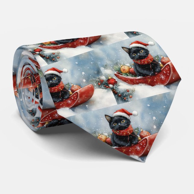 Black Cat in Sledge Let it Snow Christmas Tie (Rolled)