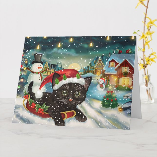Black Cat in Sleigh Snow Christmas Card (Yellow Flower)
