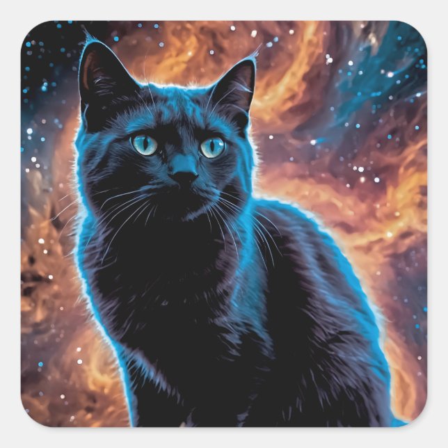 Black cat in space square sticker (Front)