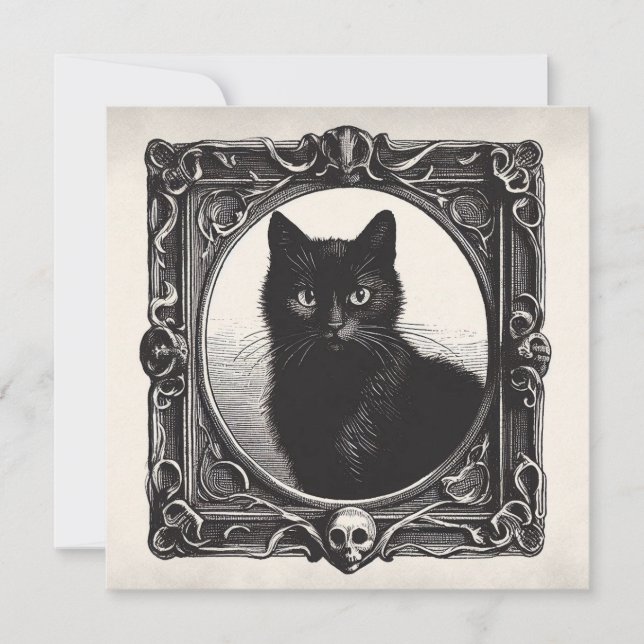 Black Cat In Spooky Frame Goth Flat Greeting Card (Front)