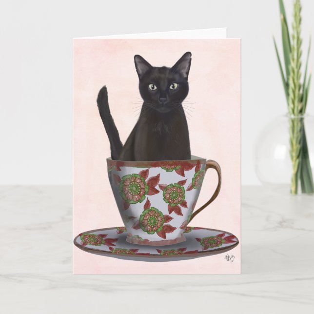 Black Cat in Teacup Card (Front)
