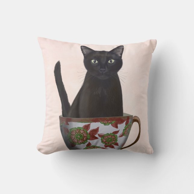 Black Cat in Teacup Cushion (Front)