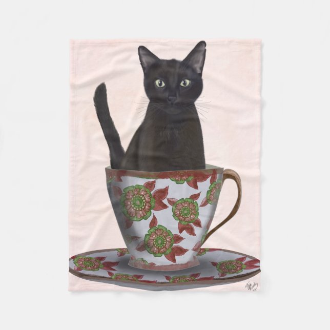 Black Cat in Teacup Fleece Blanket (Front)