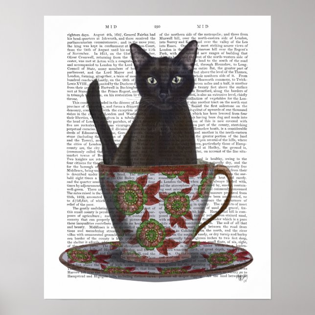 Black Cat in Teacup Poster (Front)