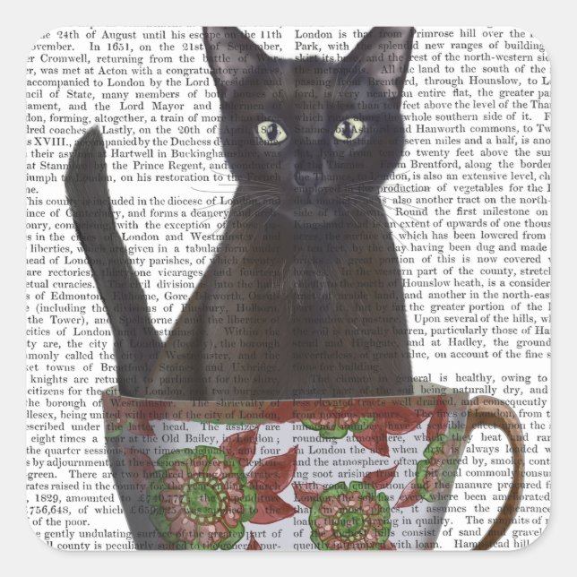Black Cat in Teacup Square Sticker (Front)