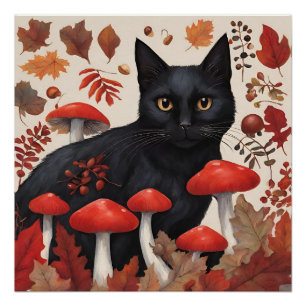 Black Cat in the Autumn Forest Poster