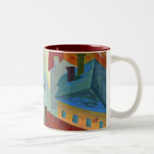 black cat in the city Two-Tone coffee mug