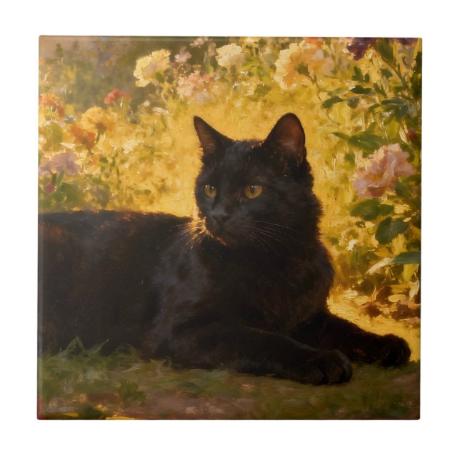 Black Cat in the Flowers I Ceramic Tile (Front)