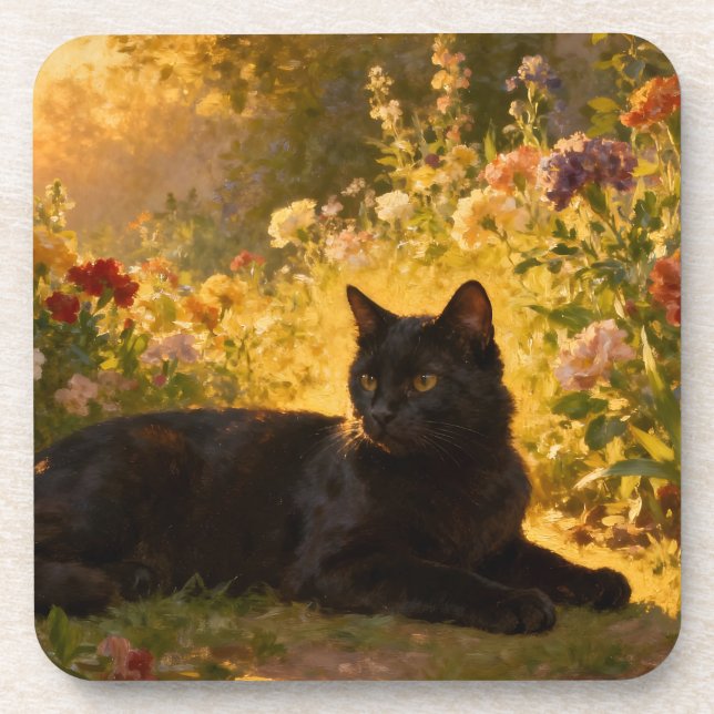 Black Cat in the Flowers I Coaster (Front)