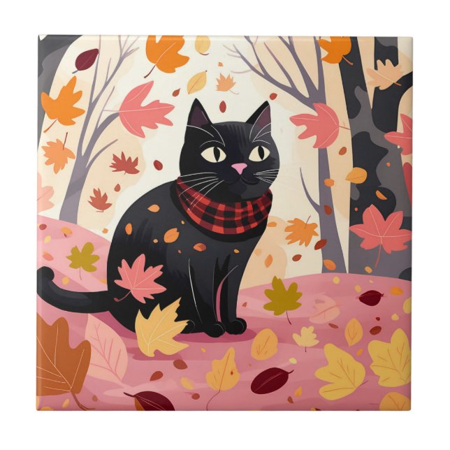Black cat in the forest ceramic tile (Front)