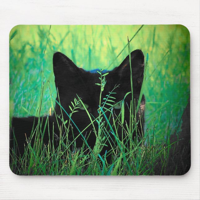 Black cat in the grass mouse pad (Front)
