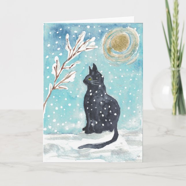 Black cat in the snow - holiday card (Front)