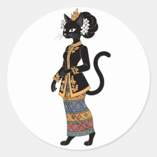 Black Cat in Traditional Batik Kebaya Art Classic Round Sticker