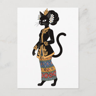 Black Cat in Traditional Batik Kebaya Art Postcard