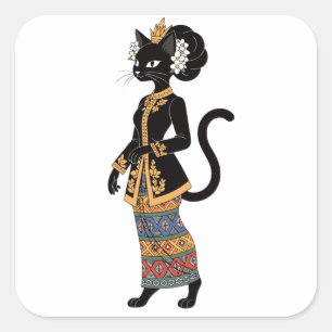 Black Cat in Traditional Batik Kebaya Art Square Sticker