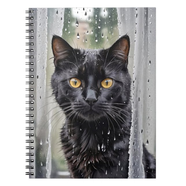 Black Cat In Wet Window Notebook (Front)