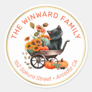 Black Cat in Wheelbarrow and Fall Floral Address Classic Round Sticker