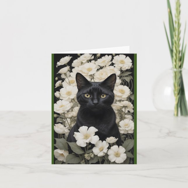 black cat in white flowers thank you card (Front)