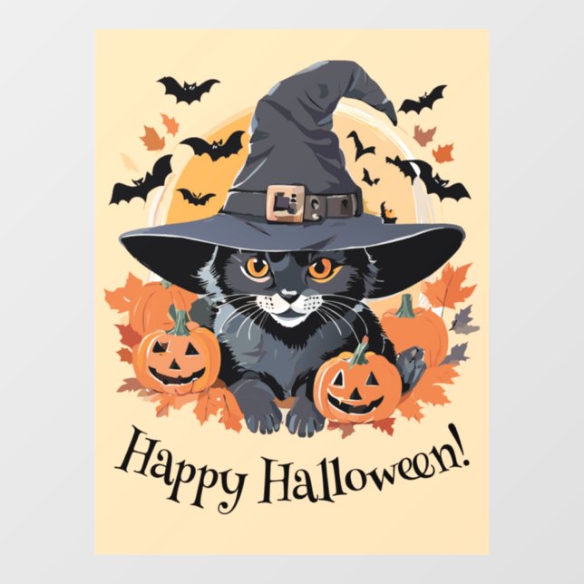 Black Cat in Witch Hat Halloween Window Cling (Sheet)