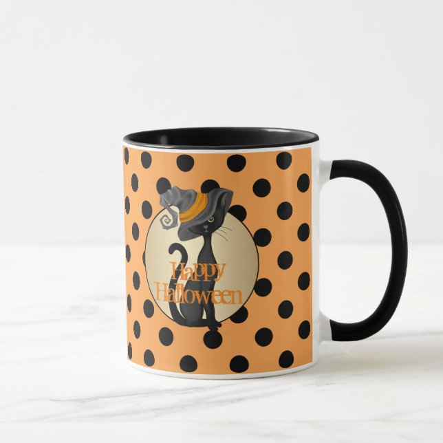 Black Cat in Witch Hat Happy Halloween Mug (Right)