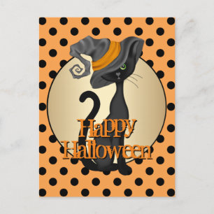Black Cat in Witch Hat Happy Halloween Postcard
