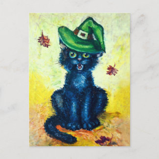 Black cat in witch hat postcard