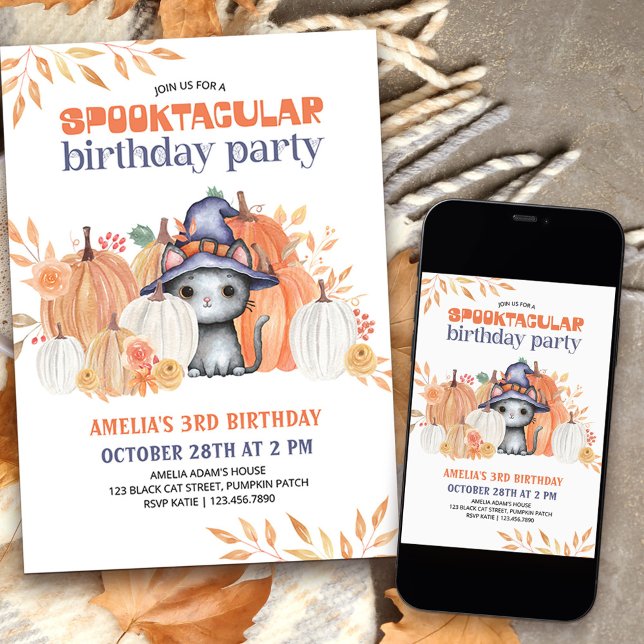 Black Cat in Witch Hat Spooktacular Kids Birthday Invitation (Spooktacular birthday party invitation for kids with cute halloween themed design)