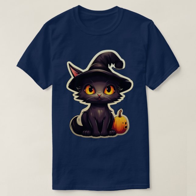 Black Cat In Witches Hat Black Cats Spooky Hallowe T-Shirt (Design Front)
